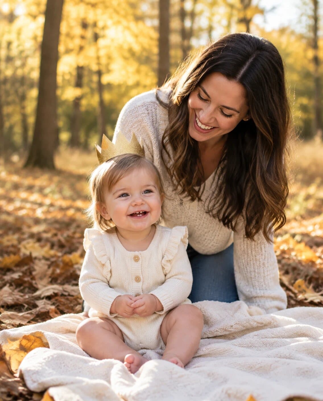 Style preview: laughing one-year-old in a gold paper crown on a cream blanket in autumn leaves with her mother, no set (AI-generated, not a client photo)