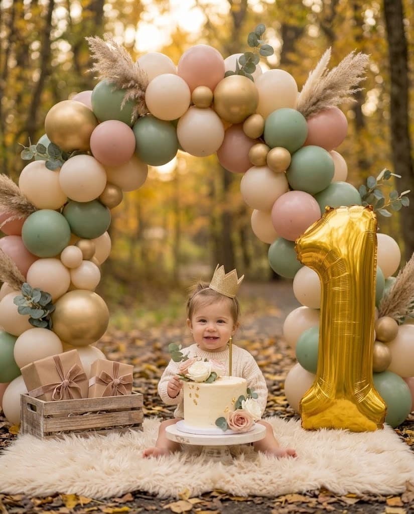 Style preview: baby in a gold crown at her first birthday cake beside a big gold number 1 balloon under a balloon arch in autumn woods (AI-generated, not a client photo)