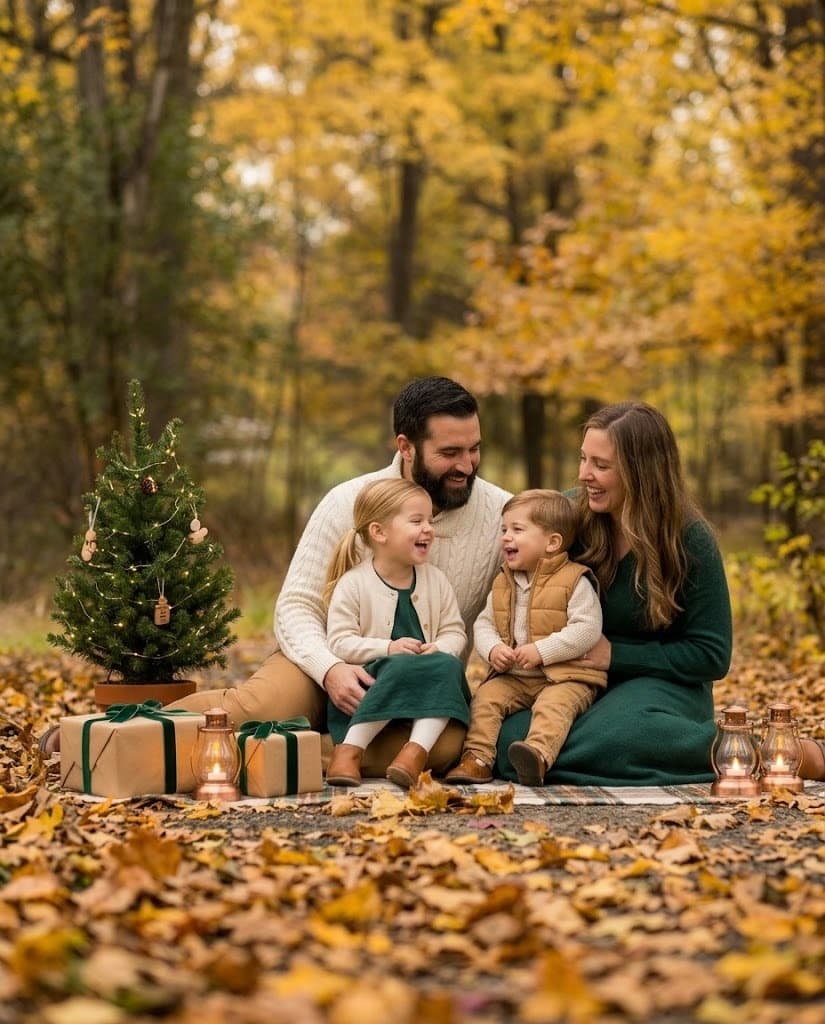 Style preview: family laughing on a plaid blanket beside a small lit Christmas tree, wrapped gifts and lanterns among fall leaves, golden trees blurred behind (AI-generated, not a client photo)