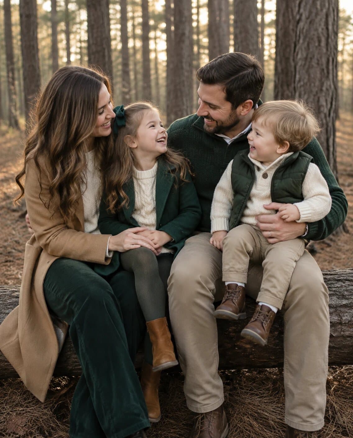 Style preview: family in cream, camel and deep-green winter clothes laughing together on a log in a pine forest, no set (AI-generated, not a client photo)