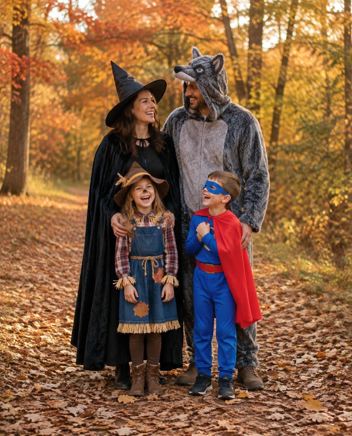 Style preview: family in homemade Halloween costumes (a witch, a wolf, a scarecrow and a superhero) laughing on a leaf-covered path in an autumn park, no set (AI-generated, not a client photo)
