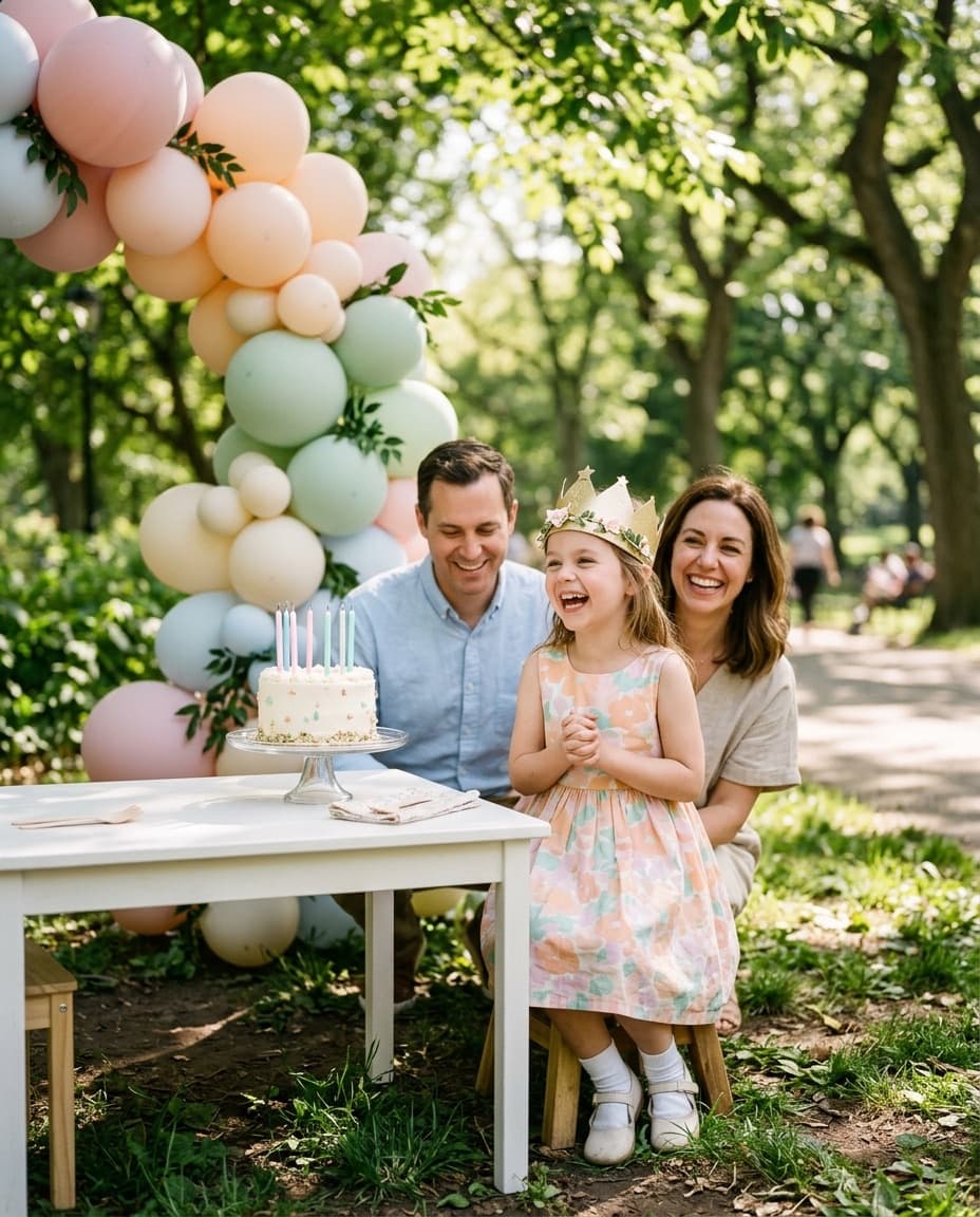 Style preview: girl in a paper crown beside a balloon garland and birthday cake in a park (AI-generated, not a client photo)