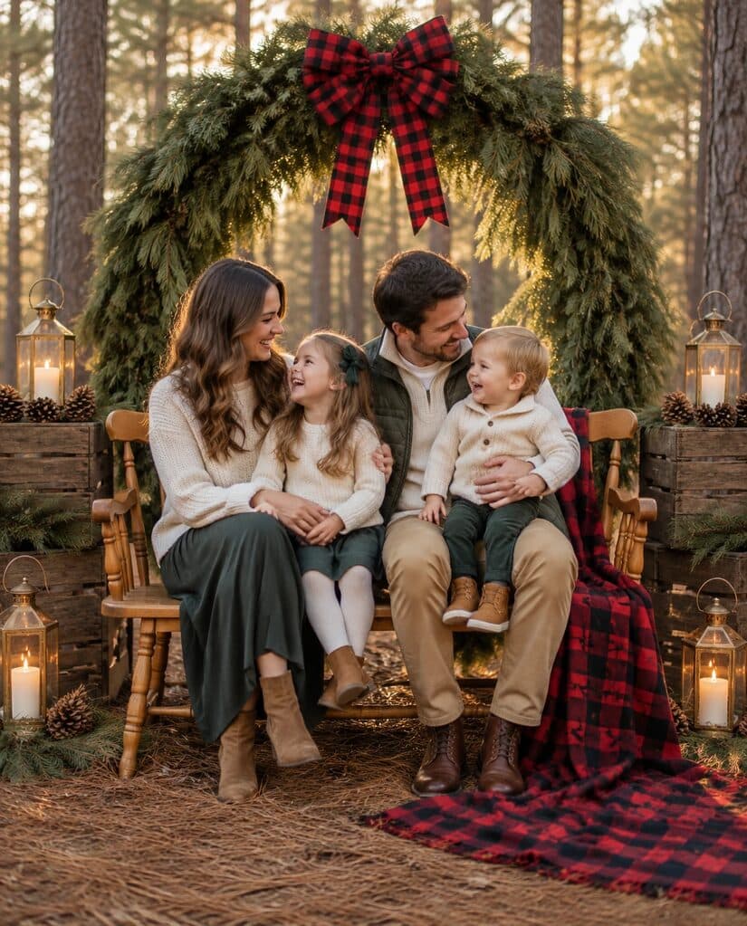 Style preview: family laughing on a maple spindle bench under a giant pine wreath arch with a plaid bow, a buffalo-plaid blanket, wooden crates, pinecones and candle lanterns in a sunlit pine forest (AI-generated, not a client photo)